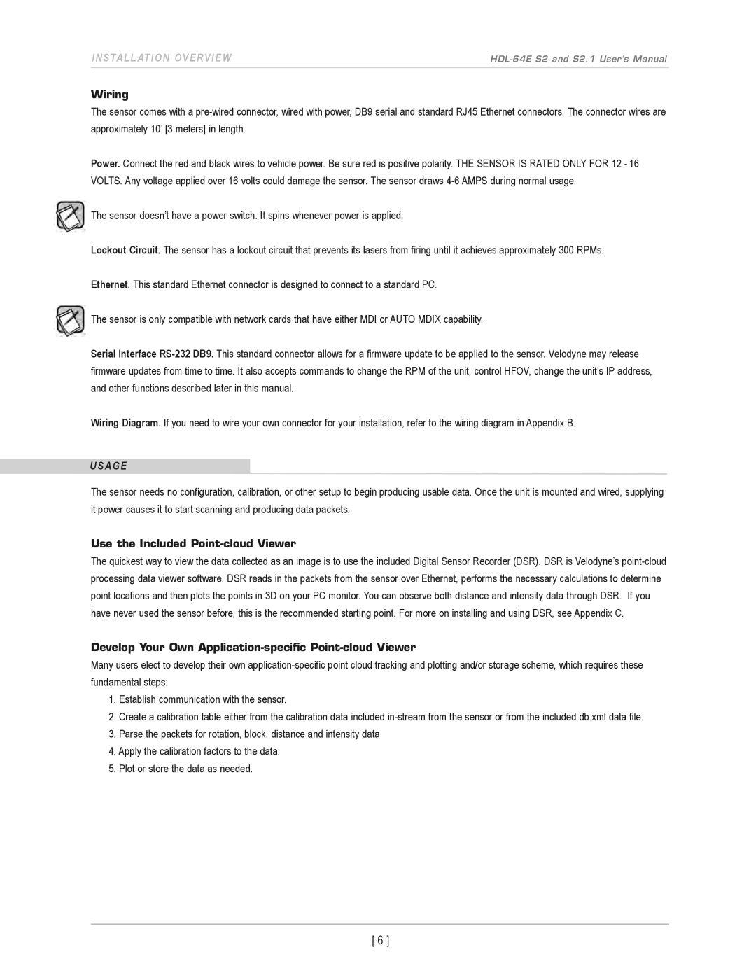 Velodyne Acoustics HDL-64E S2.1 user manual Wiring, UsaGe, Use the Included Point-cloud Viewer 