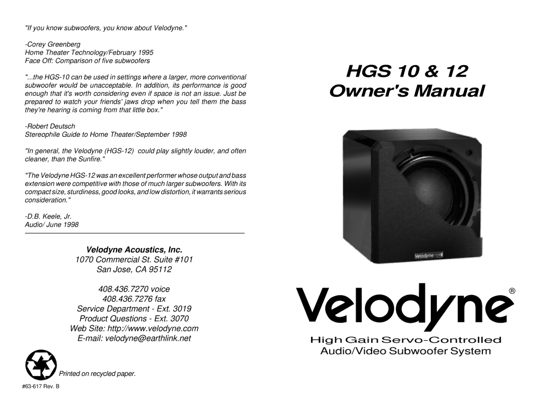 Velodyne Acoustics HGS 12 owner manual HGS 10 