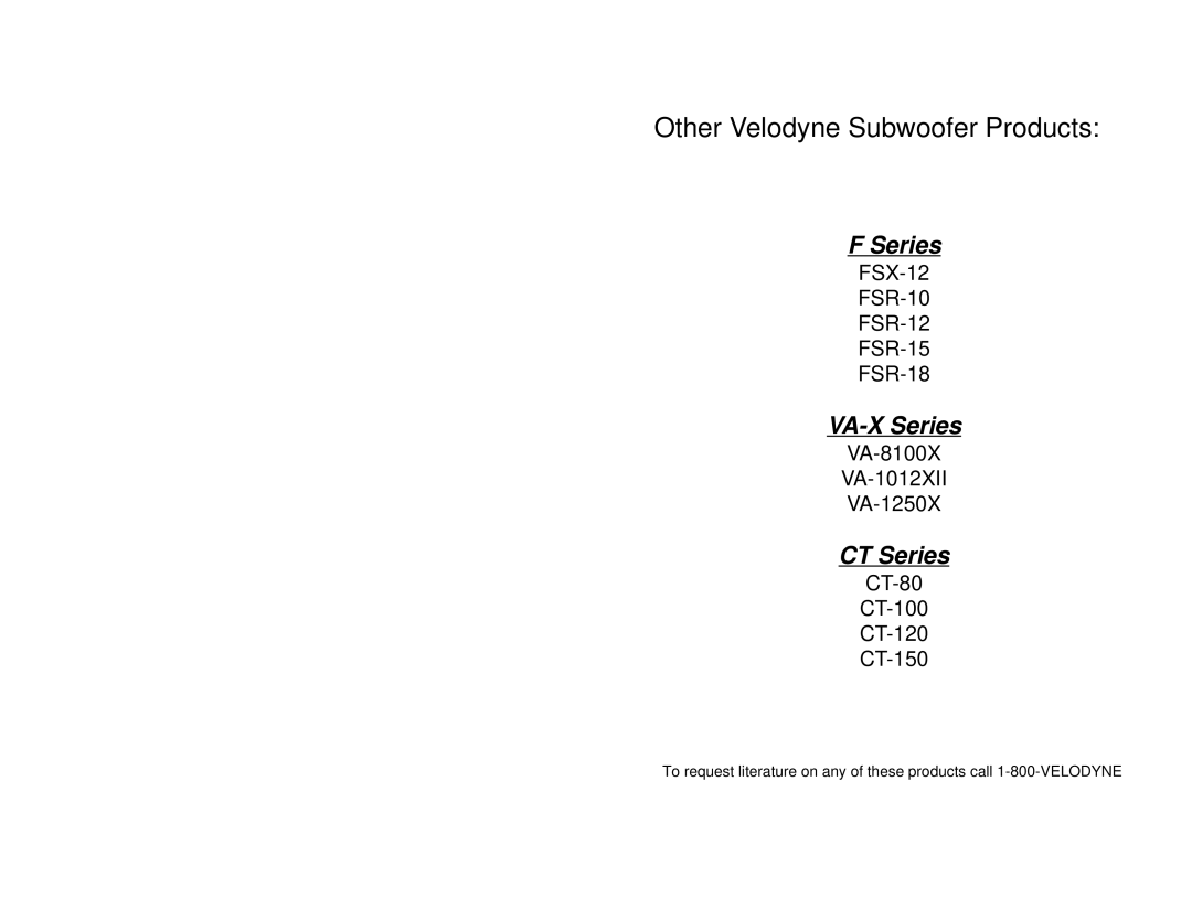 Velodyne Acoustics HGS 10, HGS 12 owner manual Other Velodyne Subwoofer Products 