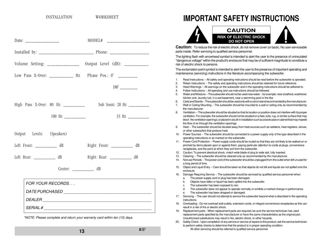 Velodyne Acoustics HGS 12, HGS 10 owner manual Important Safety Instructions 