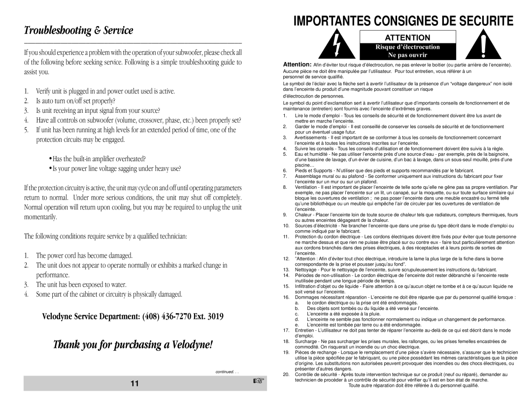 Velodyne Acoustics HGS 12, HGS 10 owner manual Troubleshooting & Service, Thank you for purchasing a Velodyne 