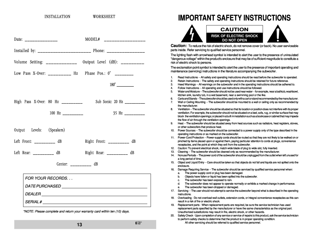 Velodyne Acoustics HGS 12, HGS 10 owner manual Important Safety Instructions 