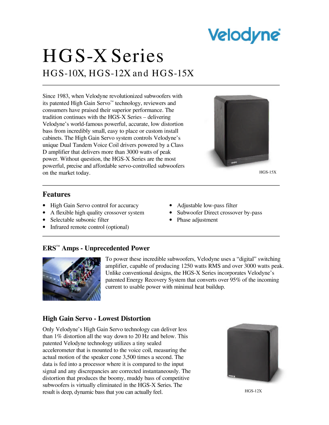 Velodyne Acoustics manual HGS-X Series, HGS-10X, HGS-12X and HGS-15X, Features, ERS Amps Unprecedented Power 