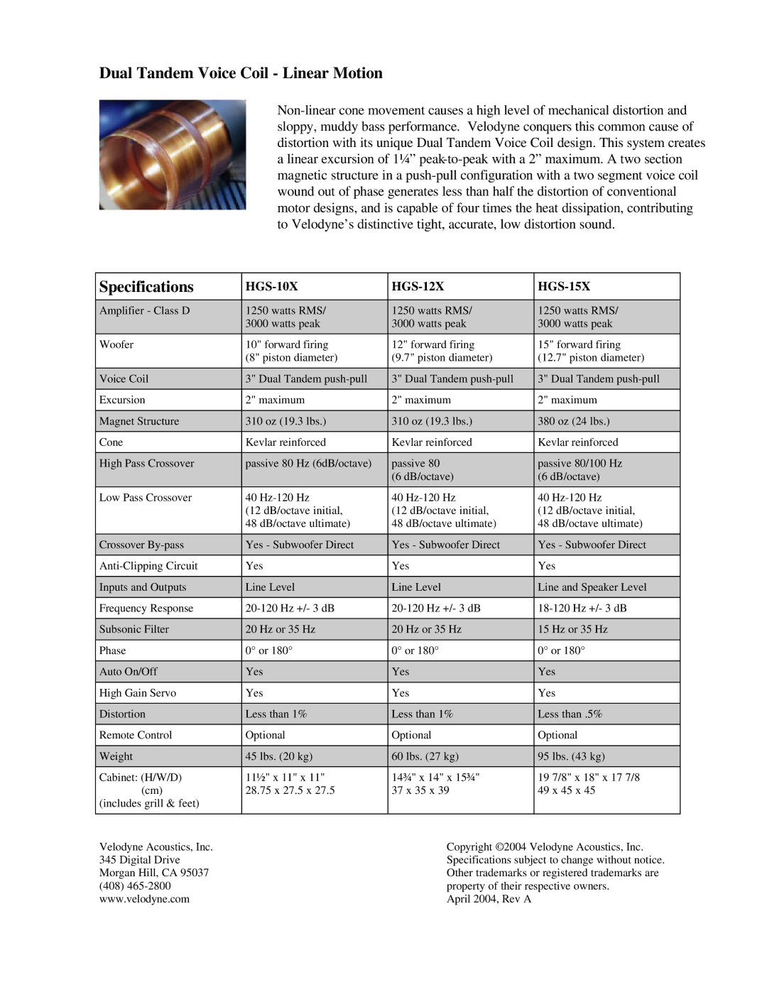 Velodyne Acoustics manual Dual Tandem Voice Coil Linear Motion, Specifications, HGS-10X HGS-12X HGS-15X 