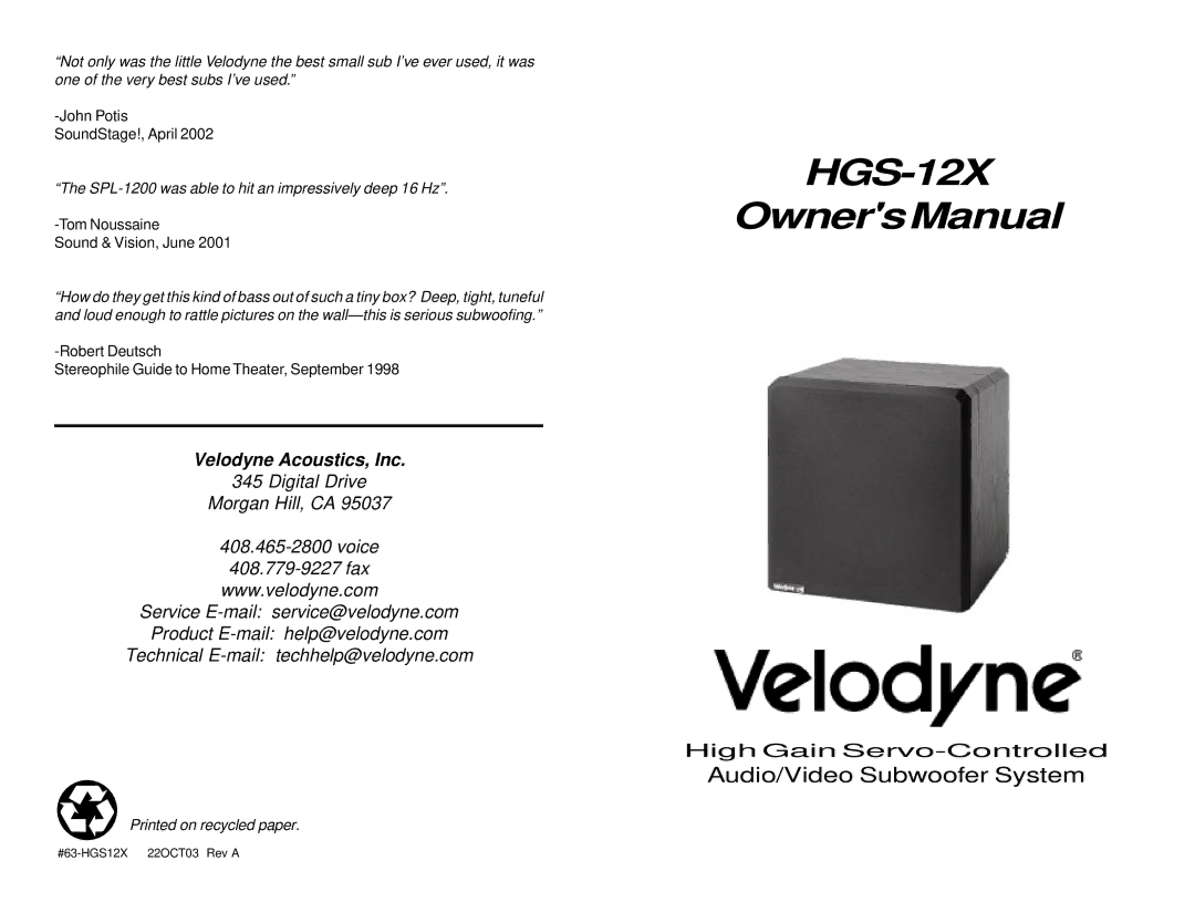 Velodyne Acoustics HGS-12X owner manual 