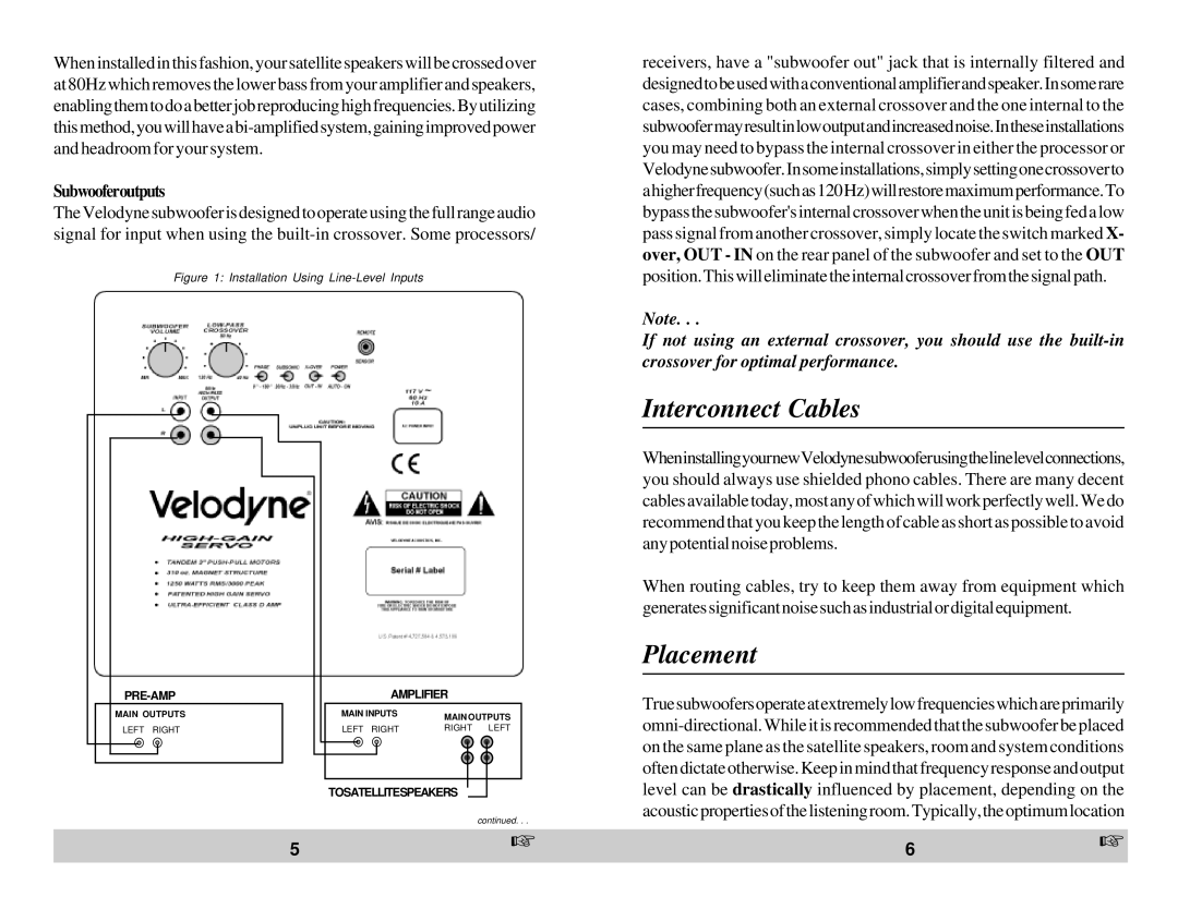 Velodyne Acoustics HGS-12X owner manual Interconnect Cables, Placement 