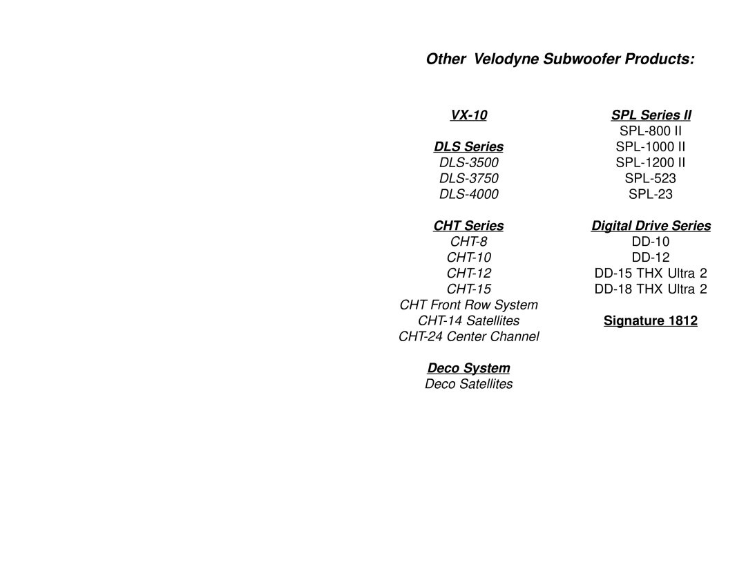 Velodyne Acoustics HGS-12X owner manual Other Velodyne Subwoofer Products 