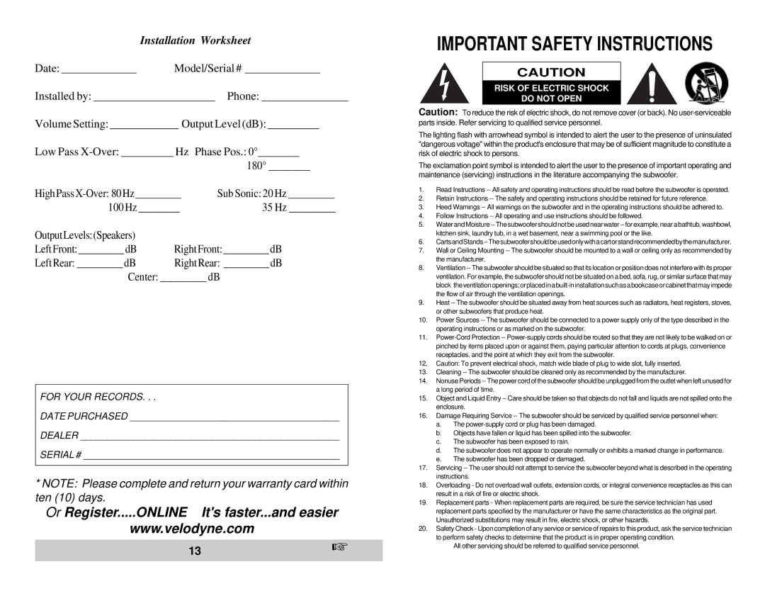 Velodyne Acoustics HGS-12X owner manual Important Safety Instructions, Installation Worksheet 