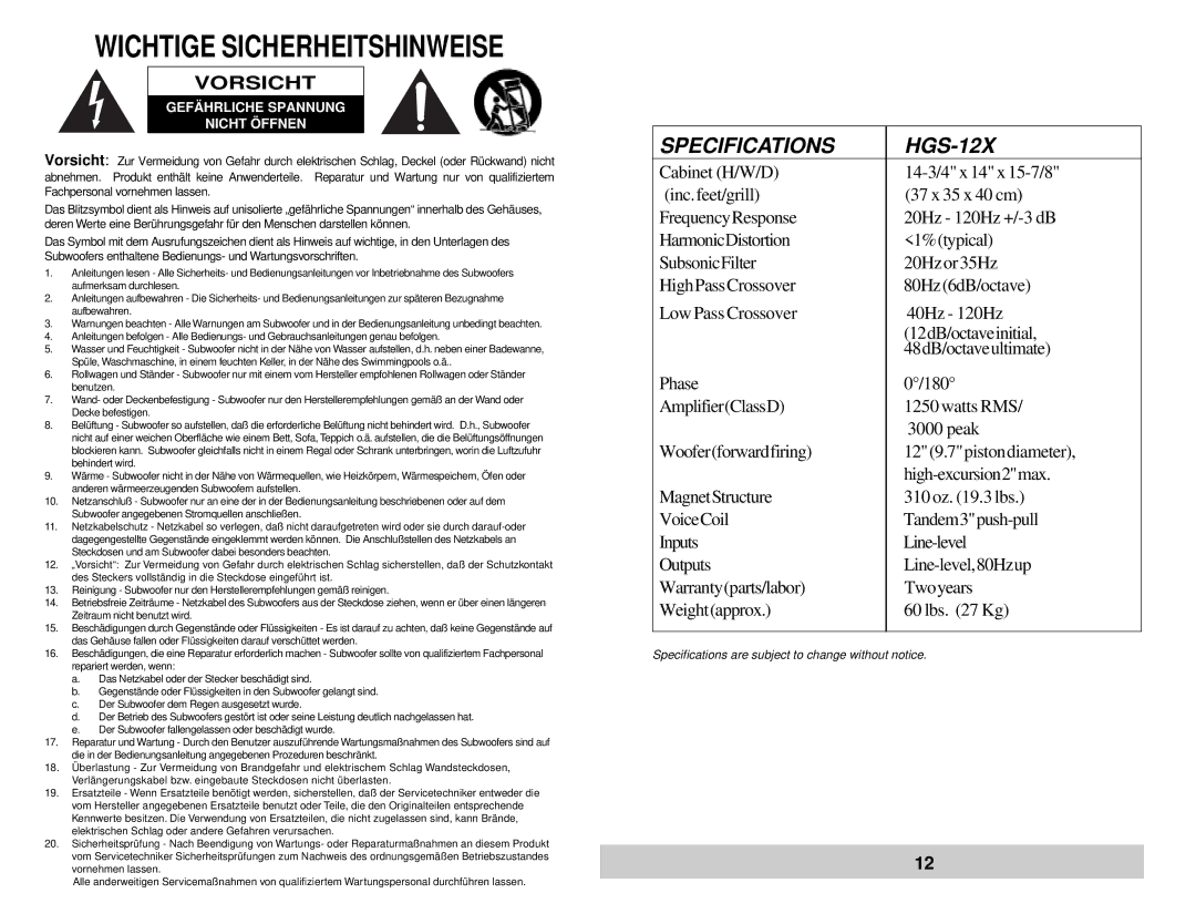 Velodyne Acoustics HGS-12X owner manual Wichtige Sicherheitshinweise Vorsicht, Gefährliche Spannung Nicht Öffnen 