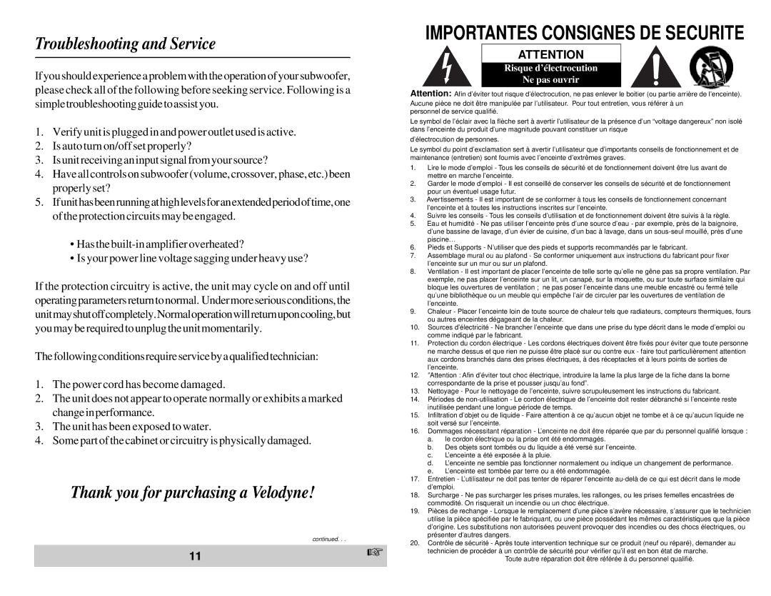 Velodyne Acoustics HGS-12X owner manual Troubleshooting and Service, Importantes Consignes DE Securite 