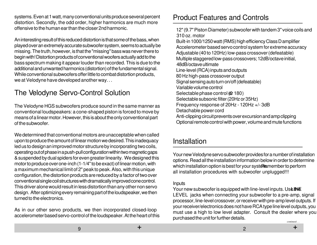 Velodyne Acoustics HGS-12X Velodyne Servo-Control Solution, Product Features and Controls, Installation, Inputs 