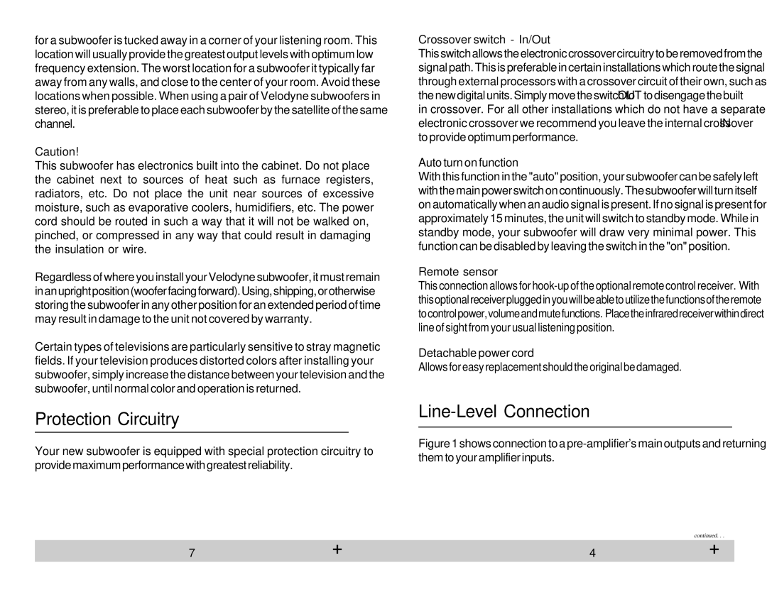 Velodyne Acoustics HGS-12X owner manual Protection Circuitry, Line-Level Connection 