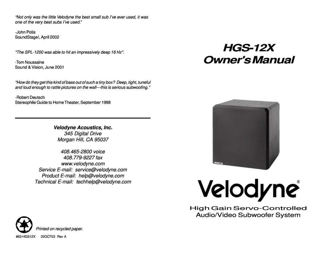 Velodyne Acoustics owner manual HGS-12X OwnersManual, High Gain Servo-Controlled, Audio/Video Subwoofer System 