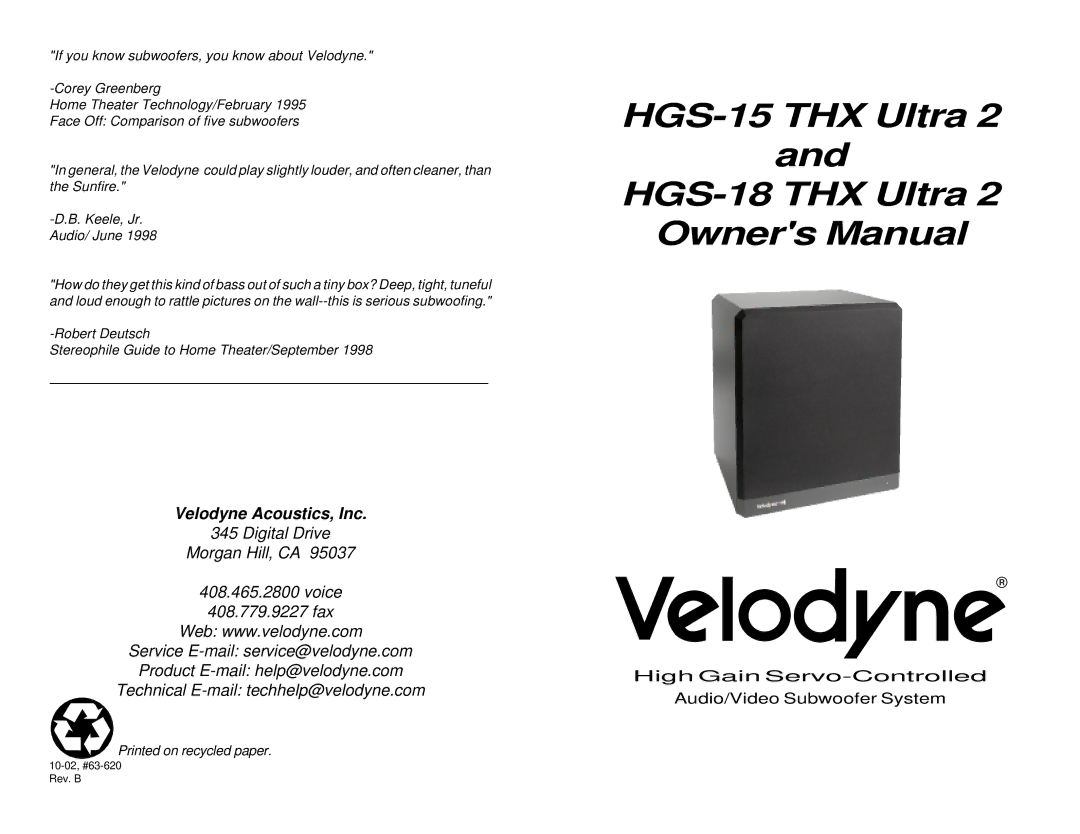 Velodyne Acoustics HGS-15 THX Ultra , HGS-18 THX Ultra 2 owner manual HGS-15 THX Ultra HGS-18 THX Ultra 