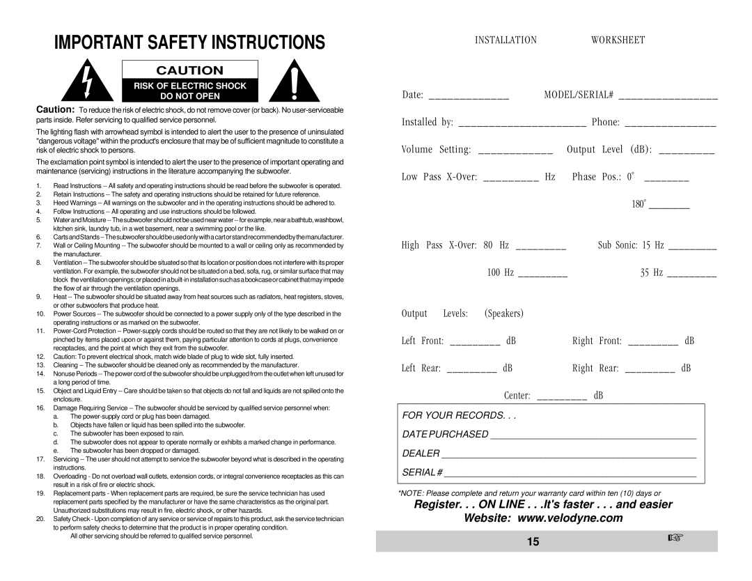 Velodyne Acoustics HGS-15 THX, HGS-18 THX, HGS-15 THX Ultra , HGS-18 THX Ultra 2 owner manual Important Safety Instructions 