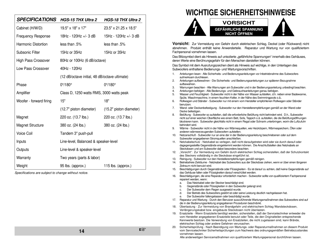 Velodyne Acoustics HGS-15 THX Ultra , HGS-18 THX Ultra 2, HGS-15 THX, HGS-18 THX owner manual Wichtige Sicherheitshinweise 