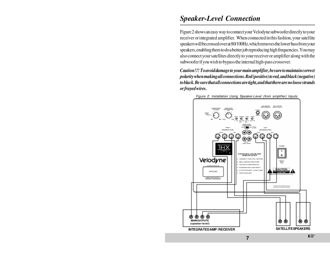 Velodyne Acoustics HGS-15X THX Speaker-Level Connection, Installation Using Speaker-Level from amplifier Inputs 