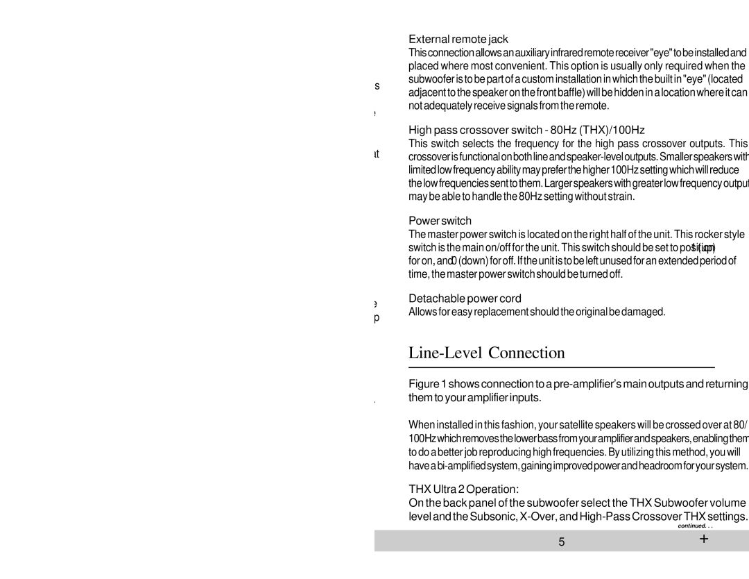 Velodyne Acoustics HGS-15X THX owner manual Line-Level Connection, External remote jack 