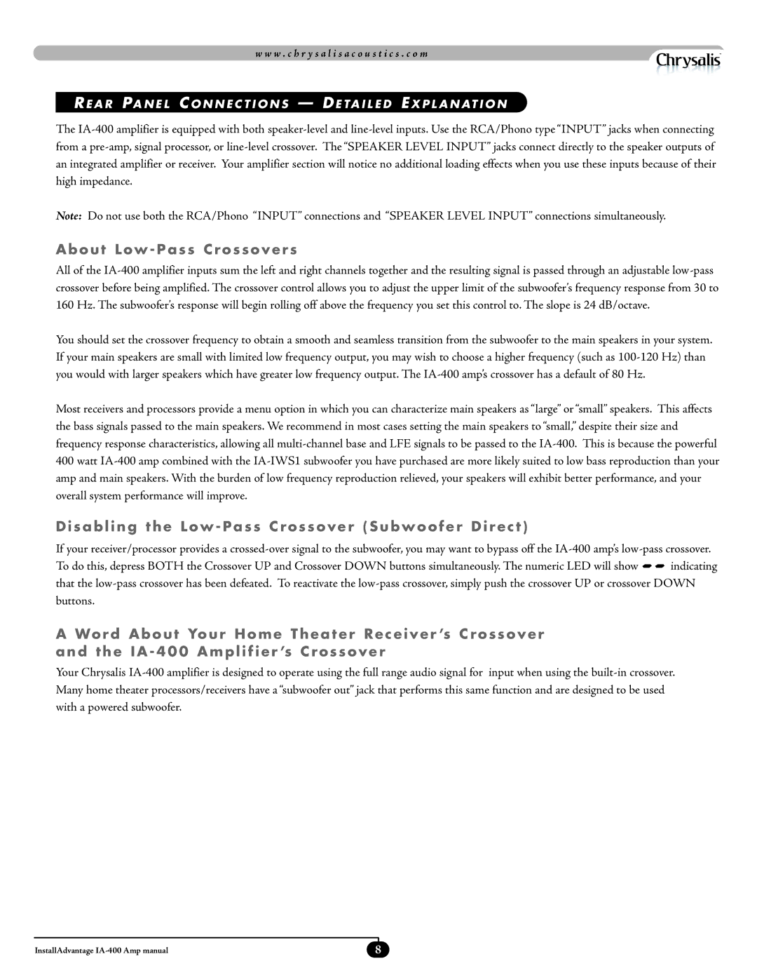 Velodyne Acoustics IA-400 manual About Low Pass Crossovers, Disabling the Low Pass Crossover Subwoofer Direct 