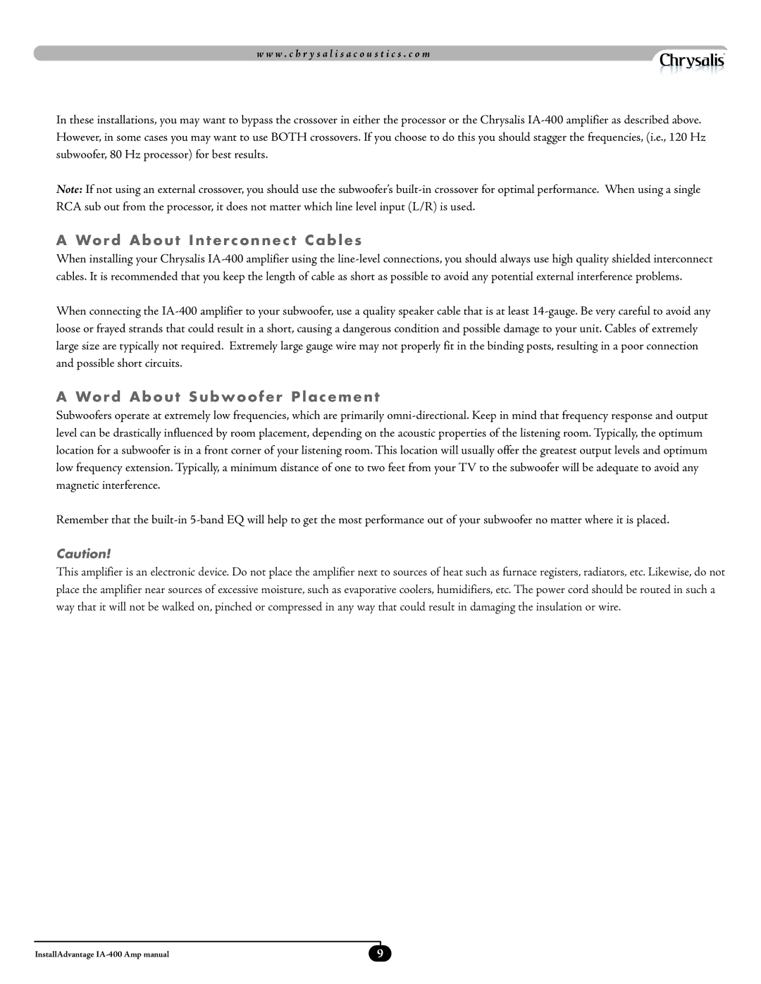 Velodyne Acoustics IA-400 manual Word About Interconnect Cables, Word About Subwoofer Placement 