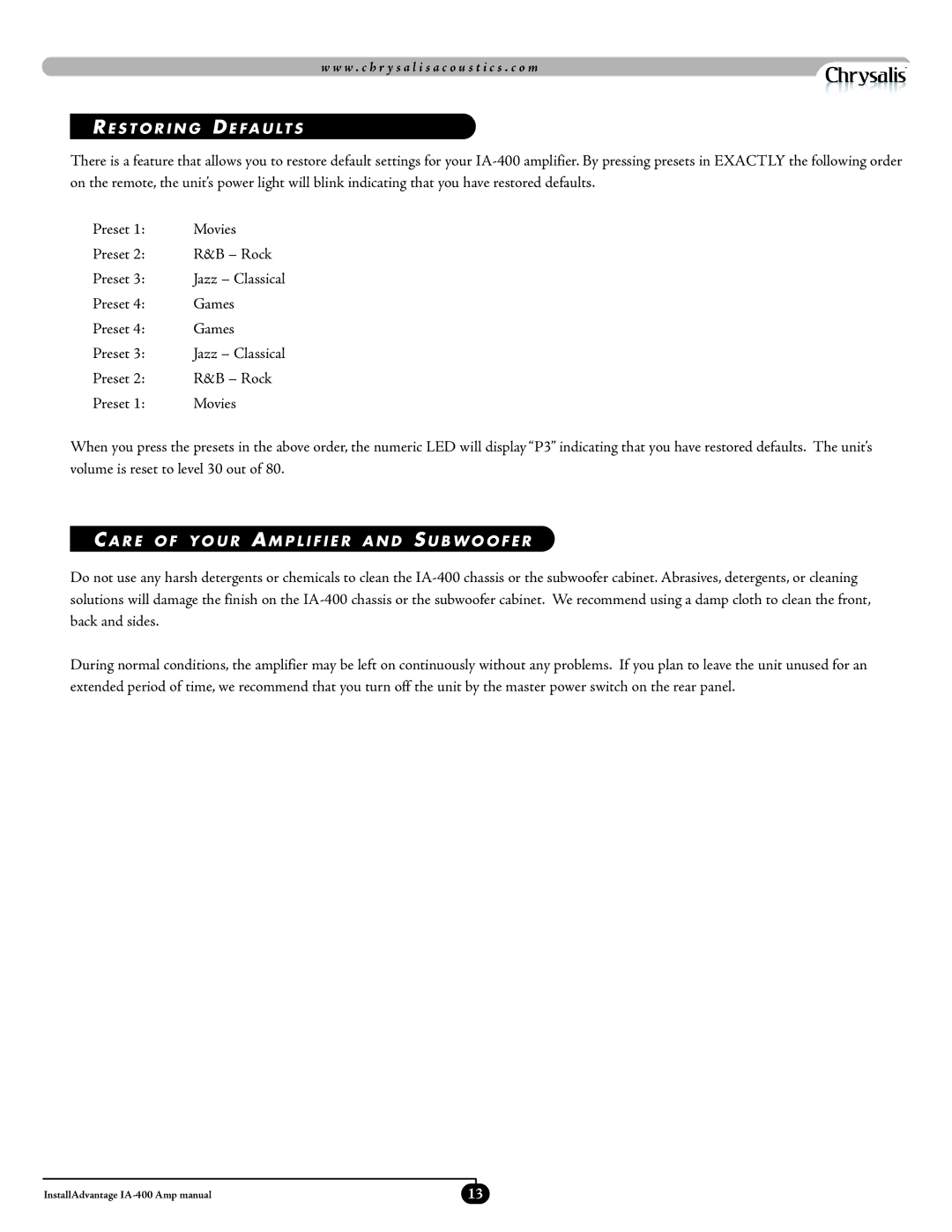 Velodyne Acoustics IA-400 manual Preset Games 