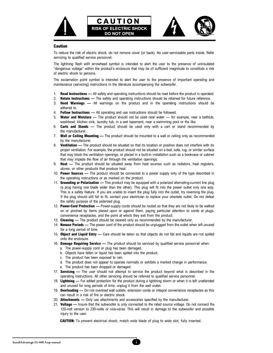 Velodyne Acoustics InstallAdvantage IA-400 Amp manual 