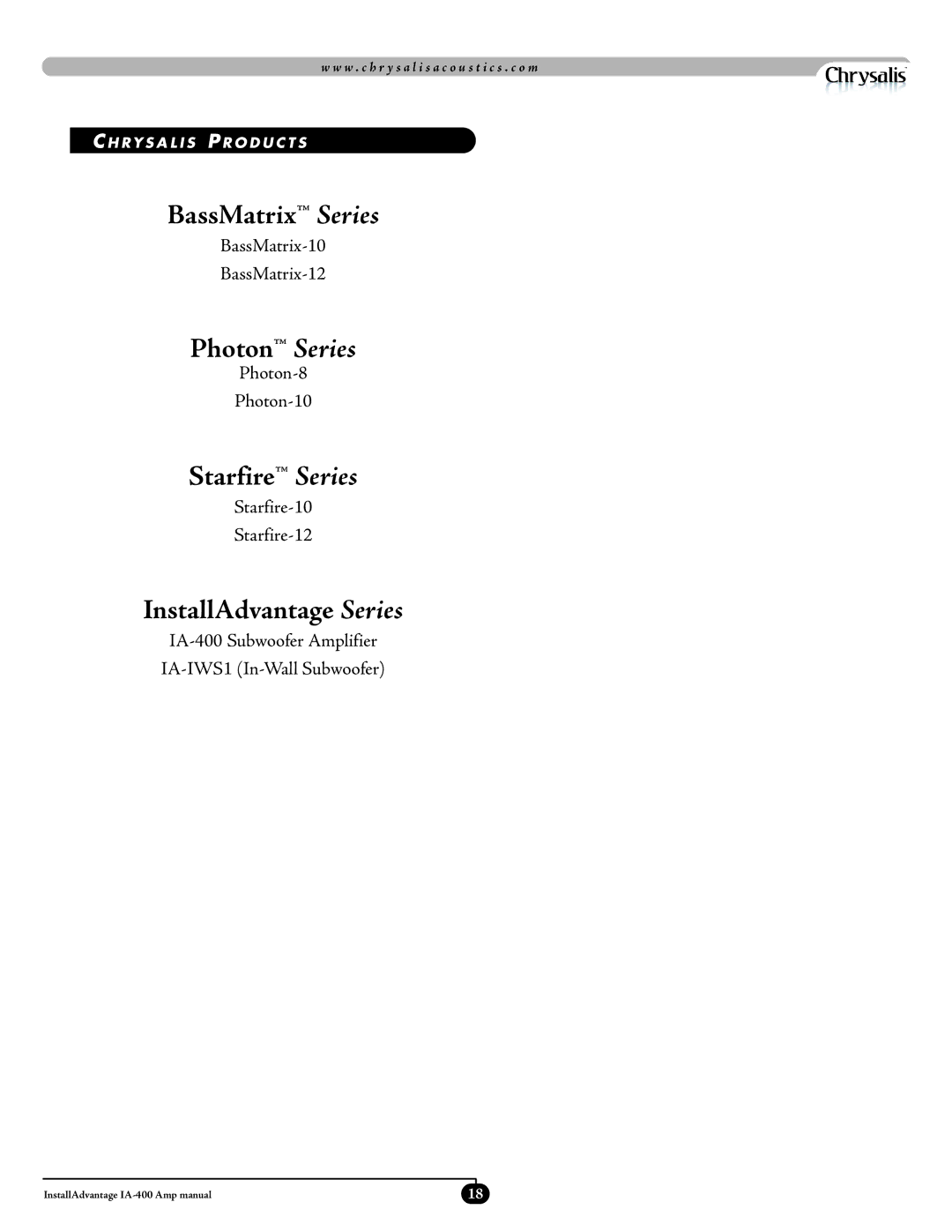 Velodyne Acoustics IA-400 manual BassMatrix Series 