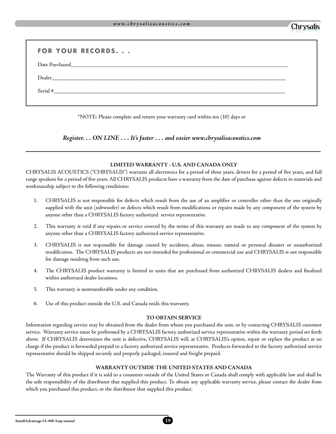 Velodyne Acoustics IA-400 manual For Your Records 