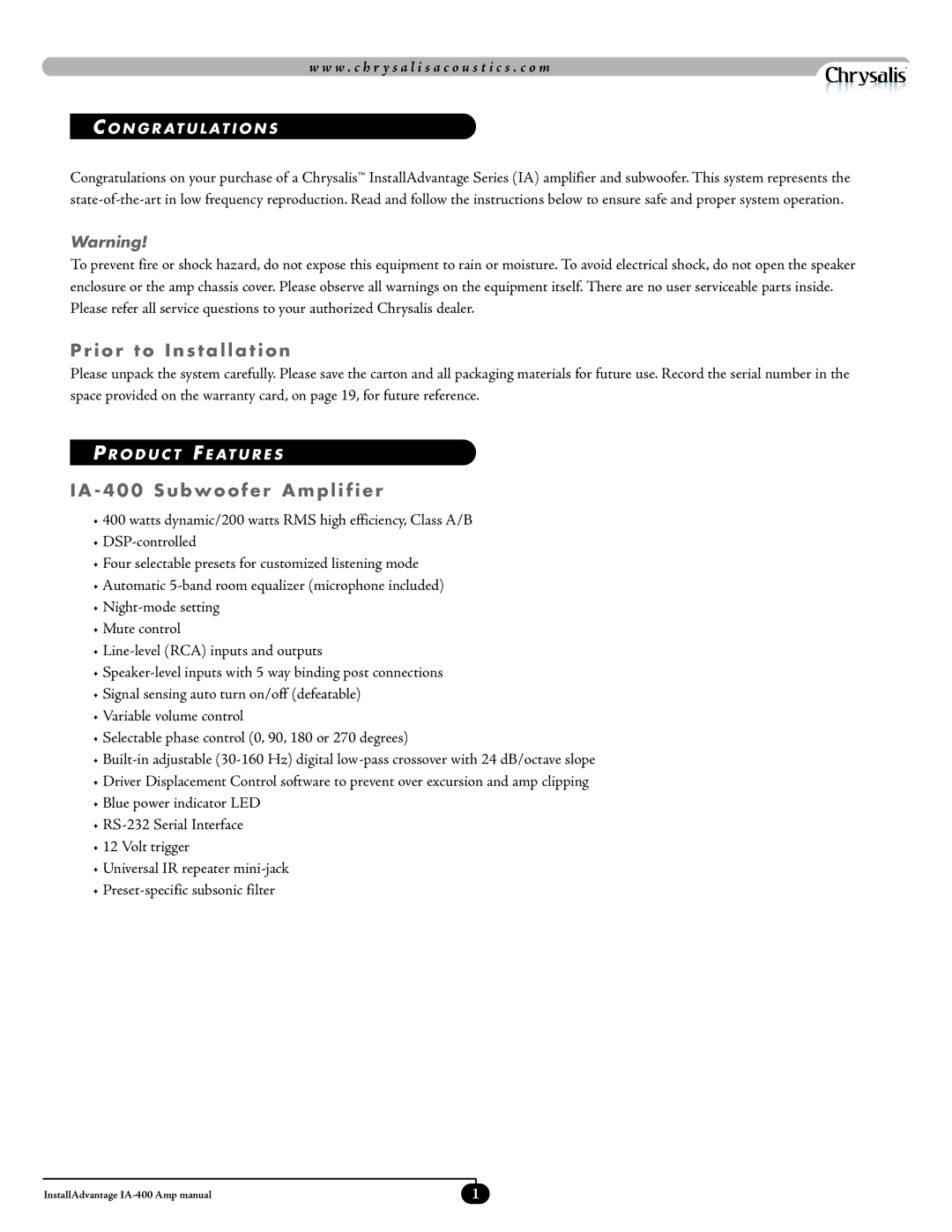 Velodyne Acoustics IA-400 manual Prior to Installation, IA 400 Subwoofer Amplifier 