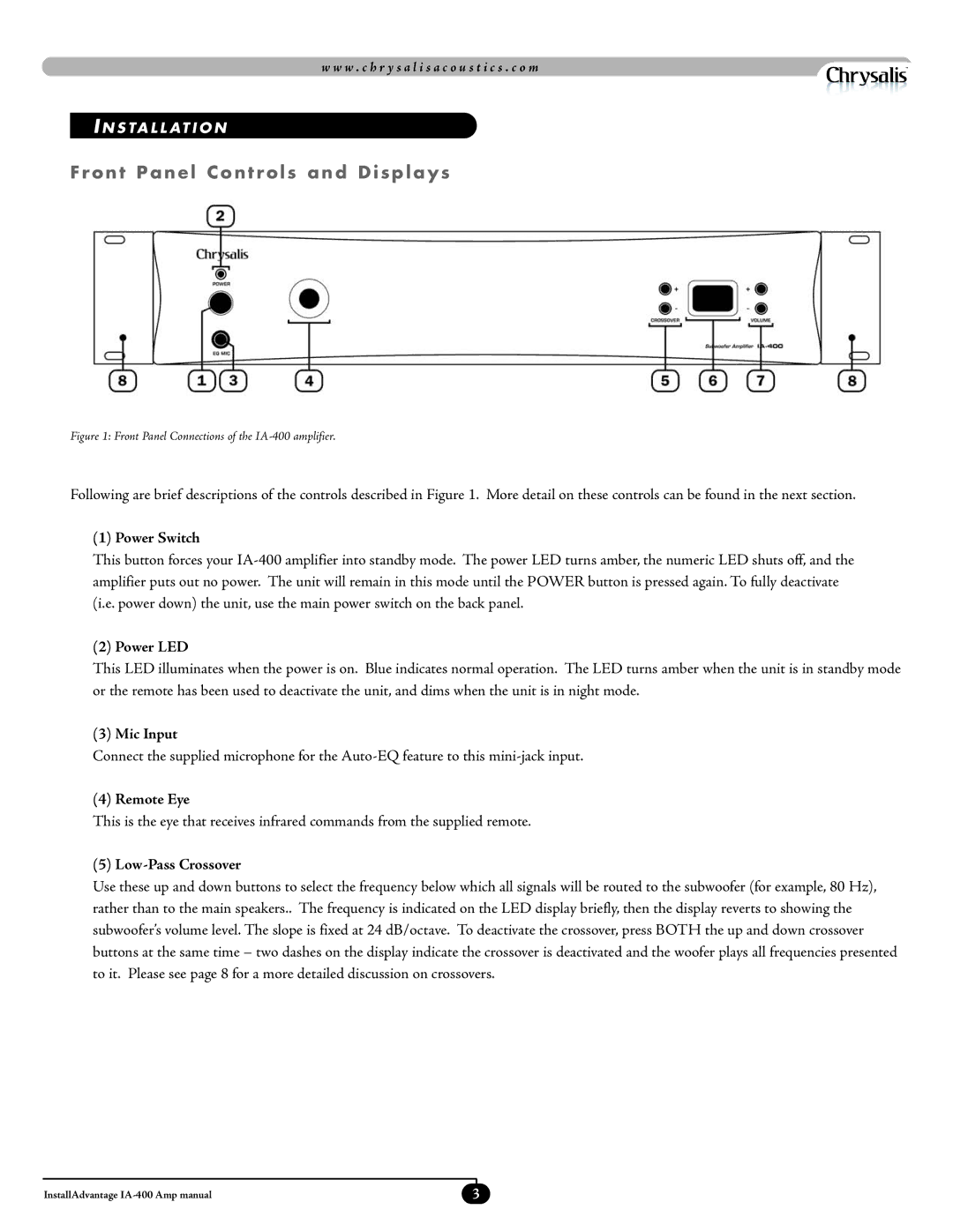 Velodyne Acoustics IA-400 manual Front Panel Controls and Displays 