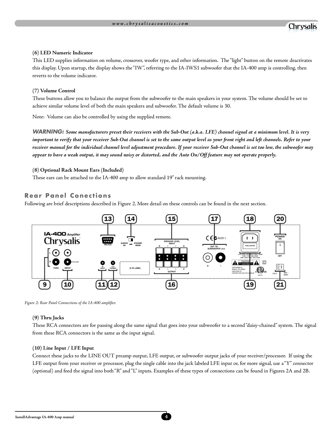 Velodyne Acoustics IA-400 manual Rear Panel Conections 