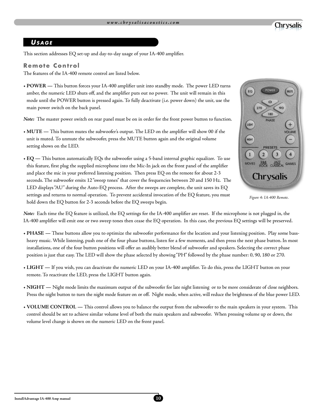 Velodyne Acoustics IA-400 manual Remote Control, U S A G E 