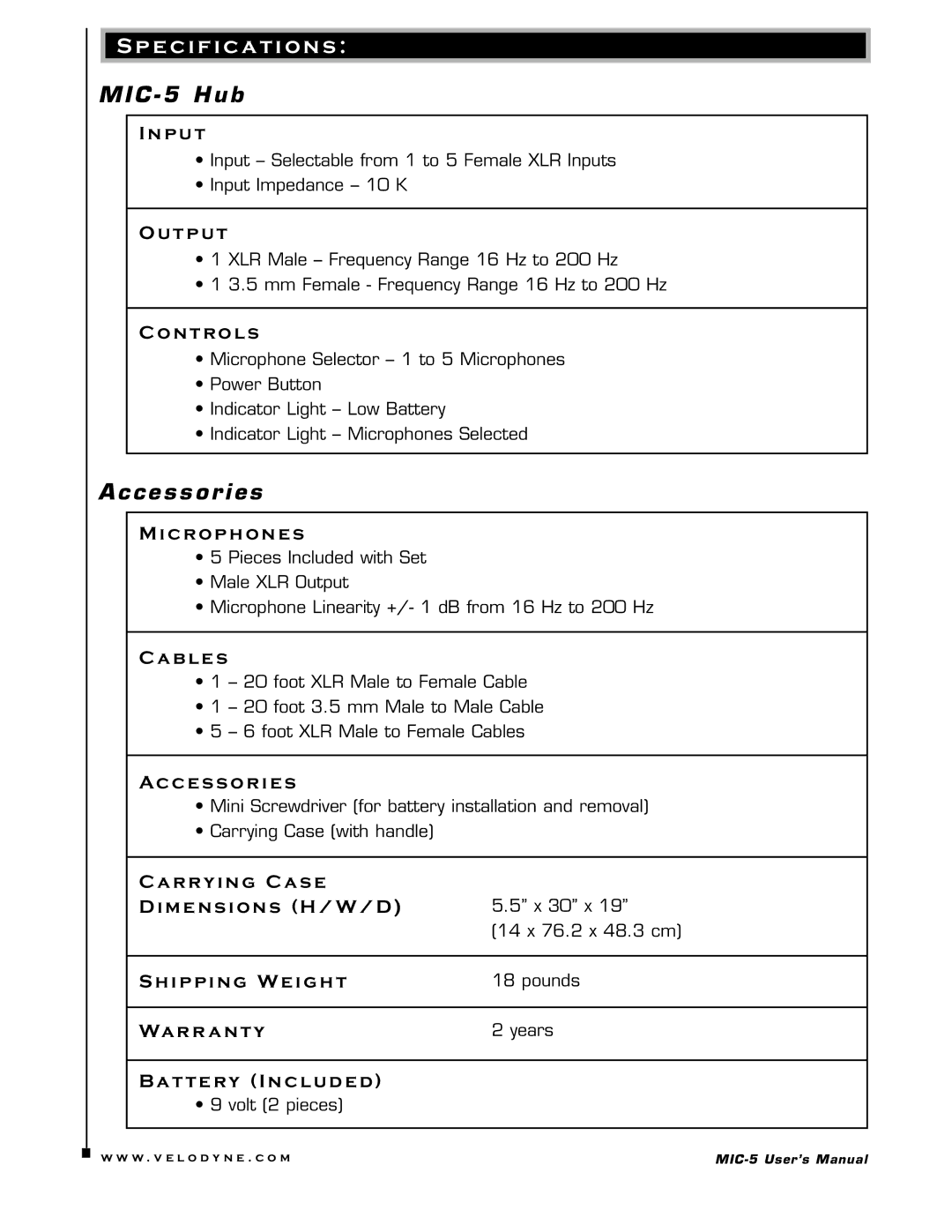 Velodyne Acoustics MIC-5 user manual Specification s, MIC 5 Hub 