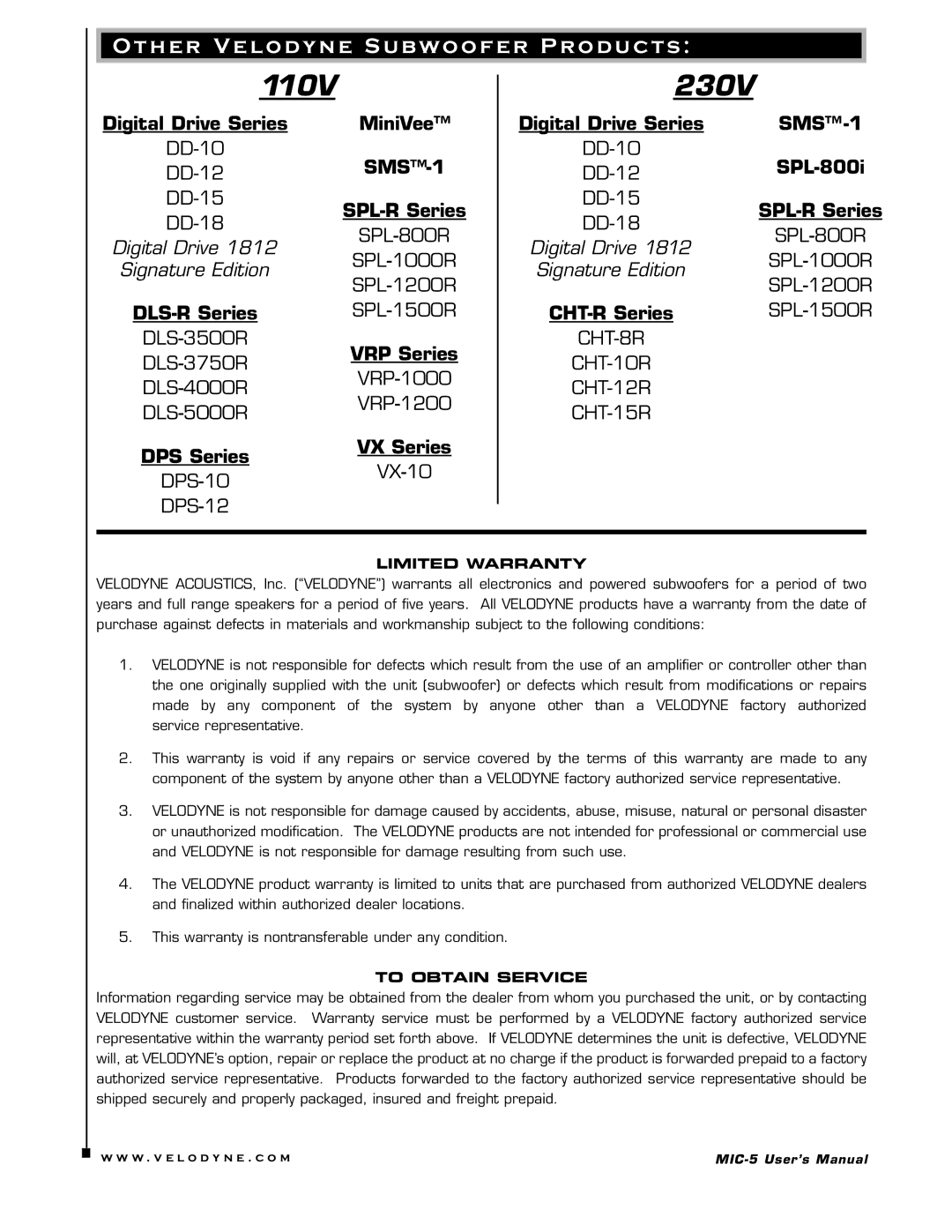 Velodyne Acoustics MIC-5 user manual Other Velodyne Subwoofer Products 