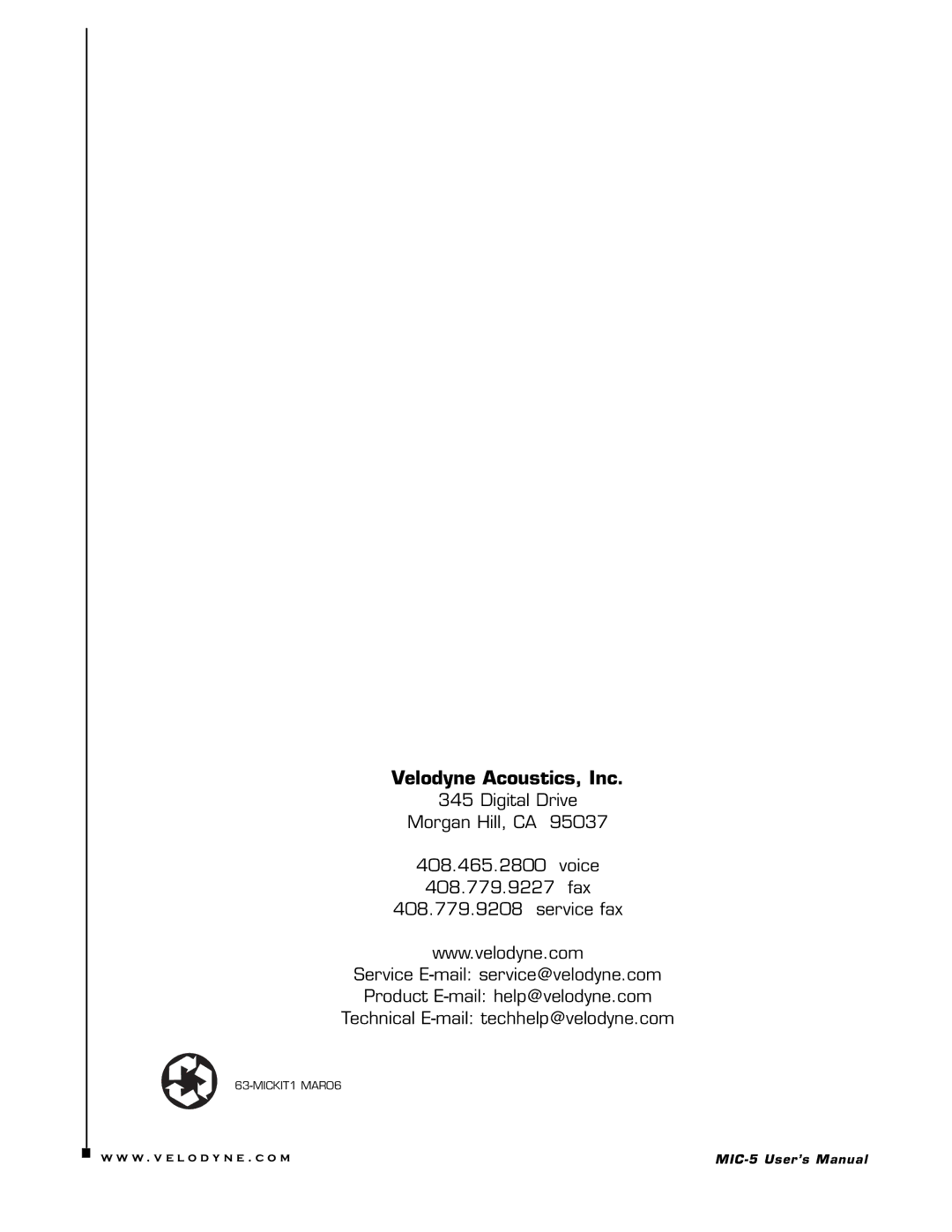 Velodyne Acoustics MIC-5 user manual Velodyne Acoustics, Inc 