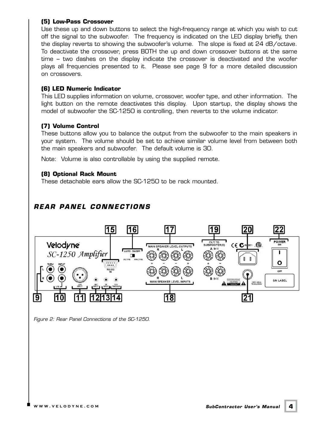 Velodyne Acoustics SC-1250, SC-8, SC-10, SC-12, SC-15, SC-IW, SC-IF, SC-IC Low-Pass Crossover, LED Numeric Indicator 