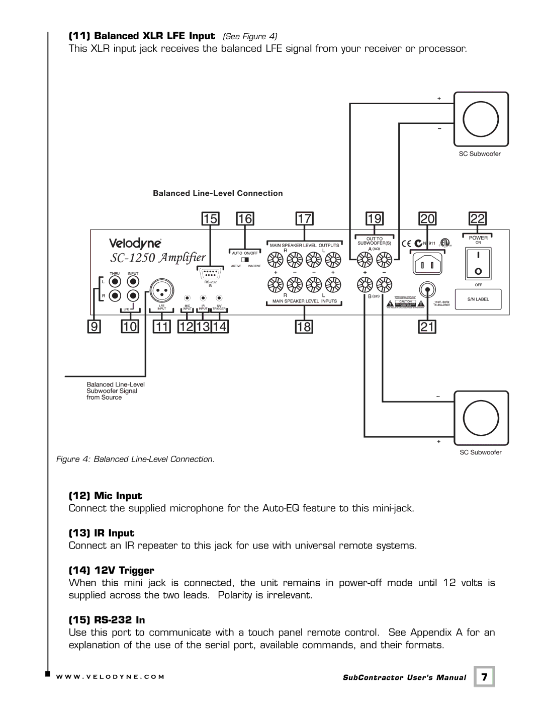 Velodyne Acoustics SC-1250, SC-8, SC-10, SC-12, SC-15, SC-IW, SC-IF, SC-IC Balanced XLR LFE Input See Figure, IR Input 