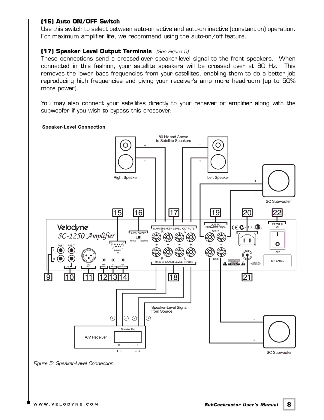 Velodyne Acoustics SC-1250., SC-8, SC10, SC-12, SC-15, SC-IW, SC-IF, SC-IC, SC-8 Subwoofers user manual Auto ON/OFF Switch 