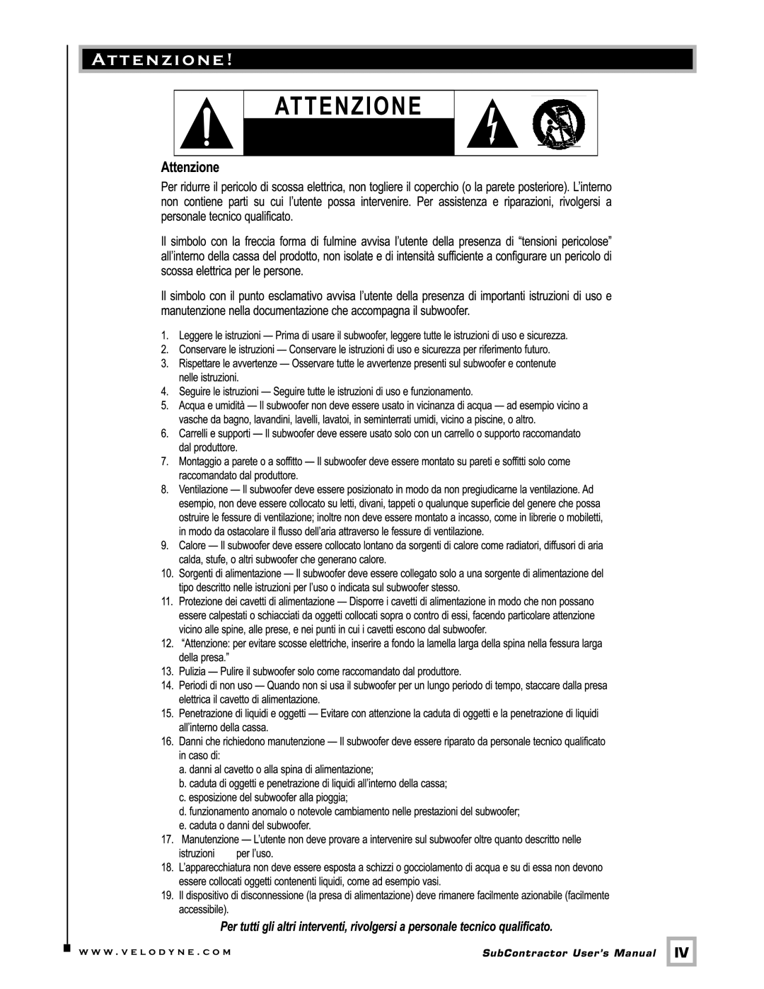 Velodyne Acoustics SC-1250., SC-8, SC10, SC-12, SC-15, SC-IW, SC-IF, SC-IC, SC-8 Subwoofers user manual At t e n z i o n e 