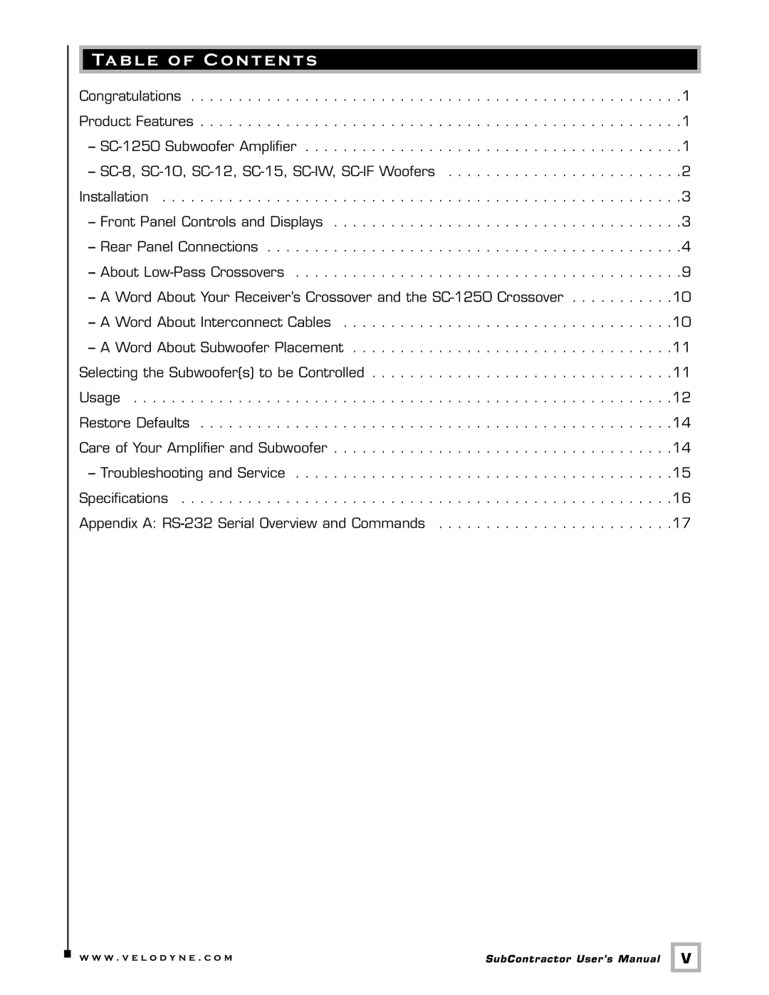 Velodyne Acoustics SC-8 Subwoofers, SC-1250, SC-8, SC-10, SC-12, SC-15, SC-IW, SC-IF, SC-IC user manual Table of Contents 