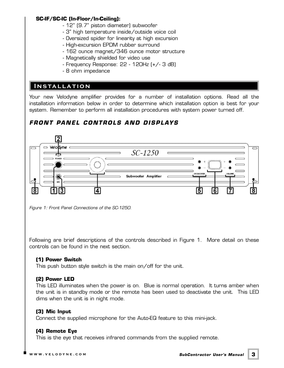 Velodyne Acoustics SC-8 Subwoofers, SC-1250, SC-8, SC-10, SC-12, SC-15, SC-IW, SC-IF, SC-IC user manual S ta l l a t i o n 