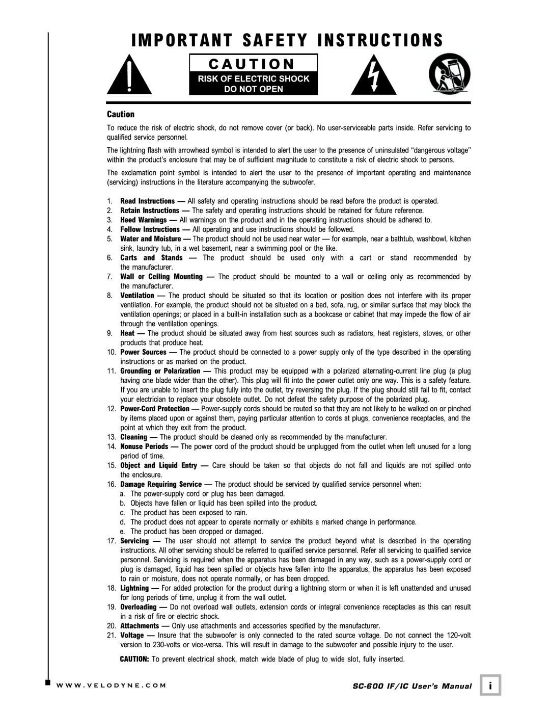 Velodyne Acoustics installation manual SC-600 IF/IC User’s Manual 