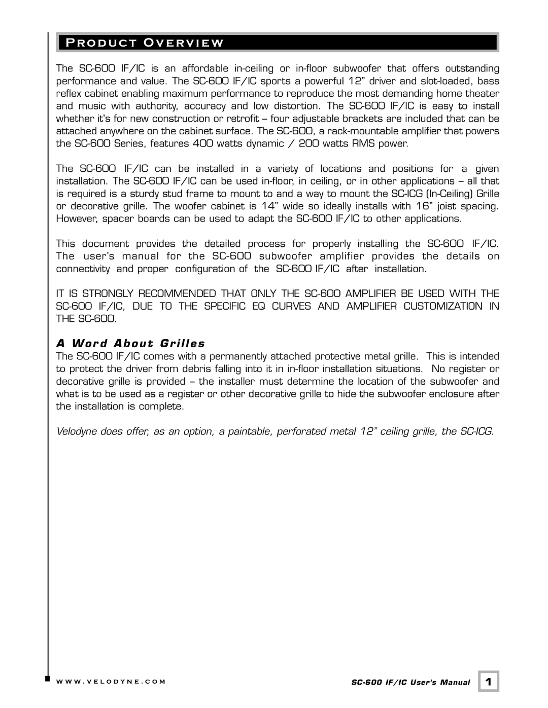 Velodyne Acoustics SC-600 IF/IC installation manual Product Overview, Wo r d About Grilles 