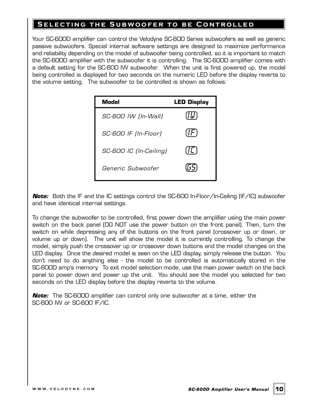 Velodyne Acoustics SC-600 IF/IC, SC-600 IW, SC-600D user manual Selecting the Subwoofer to be Controlled, Model LED Display 