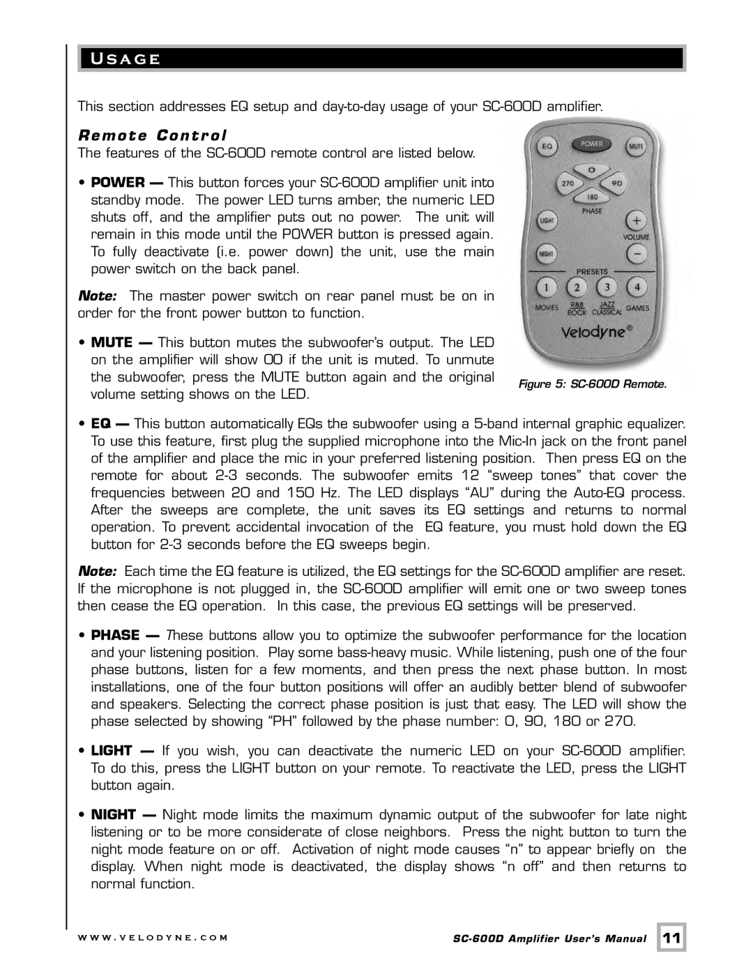 Velodyne Acoustics SC-600D, SC-600 IW, SC-600 IF/IC user manual A ge, Remote Contr ol 