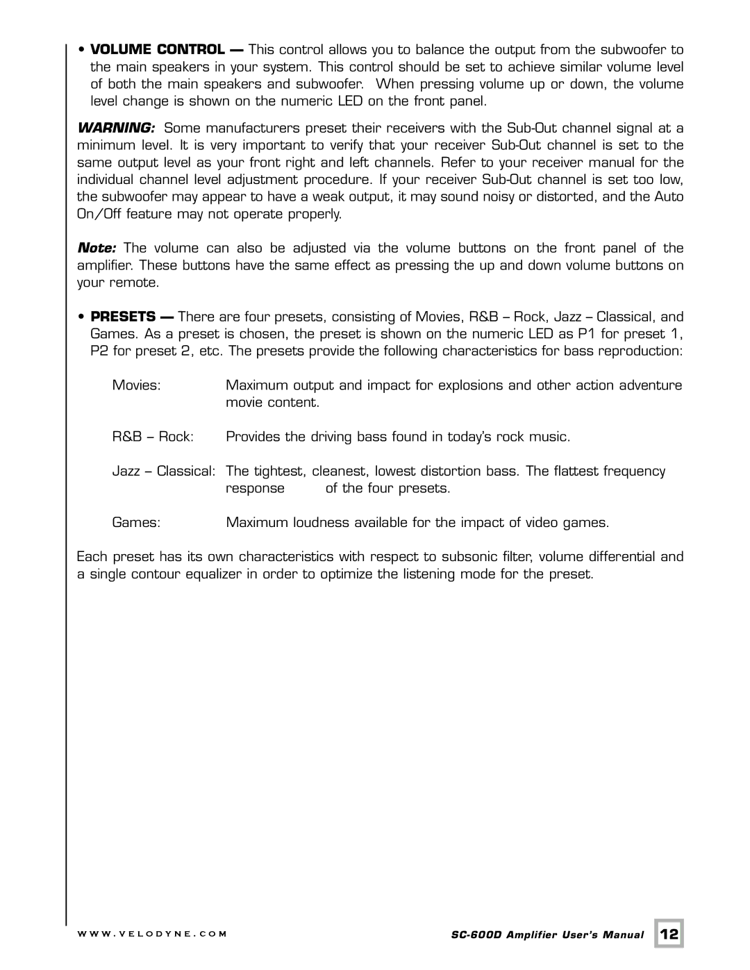 Velodyne Acoustics SC-600 IW, SC-600 IF/IC user manual SC-600D Amplifier User’s Manual 