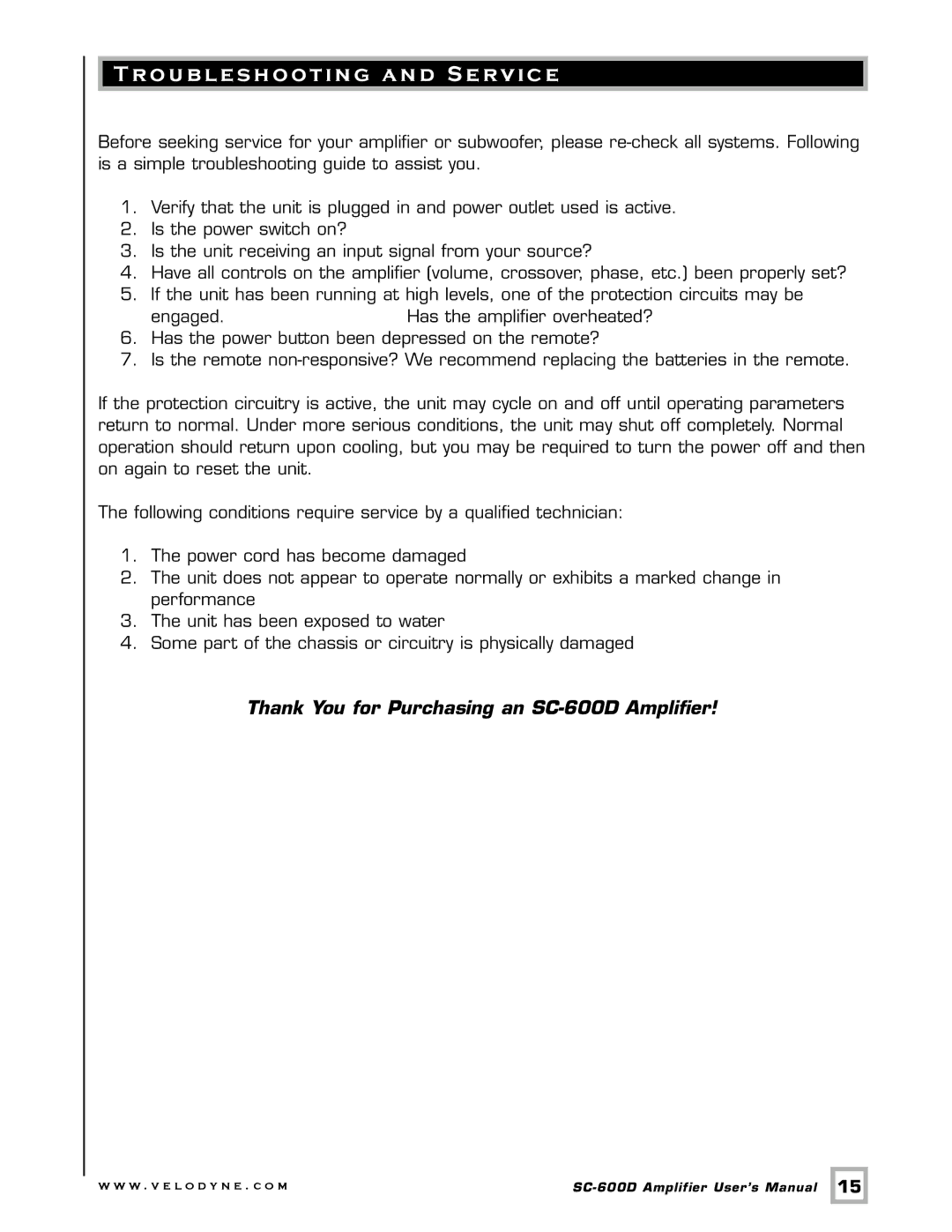 Velodyne Acoustics SC-600 IW, SC-600 IF/IC Troubleshooting and Service, Thank You for Purchasing an SC-600D Amplifier 