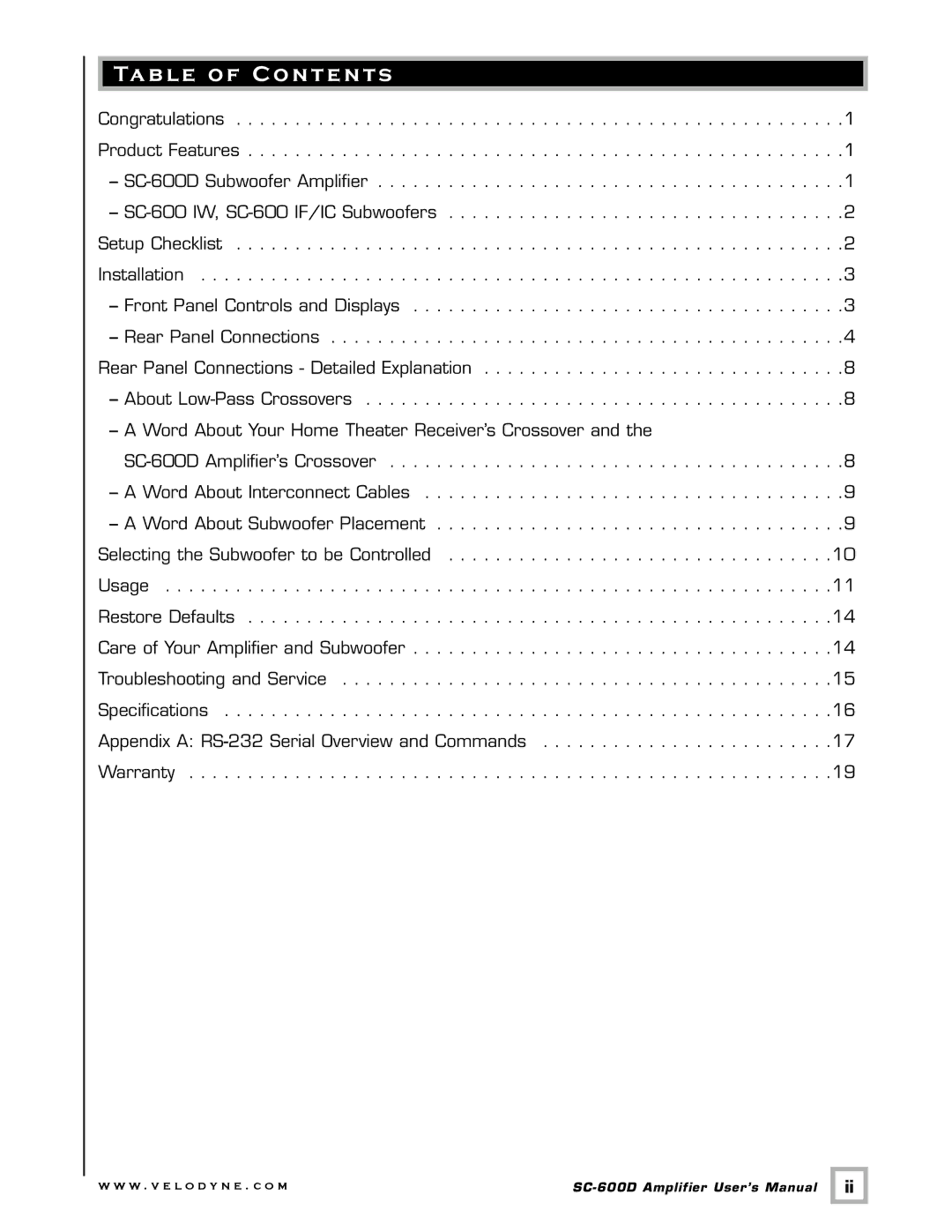 Velodyne Acoustics SC-600 IW, SC-600 IF/IC, SC-600D user manual Table of Contents 