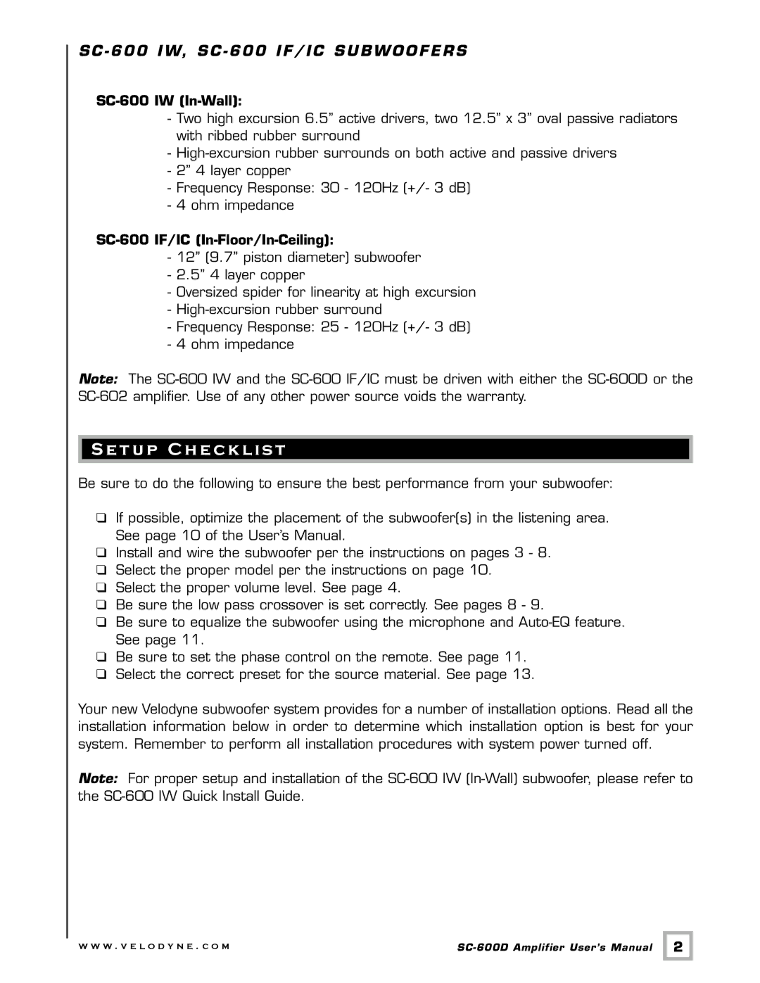 Velodyne Acoustics SC-600D, SC-600 IF/IC user manual Setup Checklist, SC 600 IW, SC 600 IF/IC Subwoofers, SC-600 IW In-Wall 