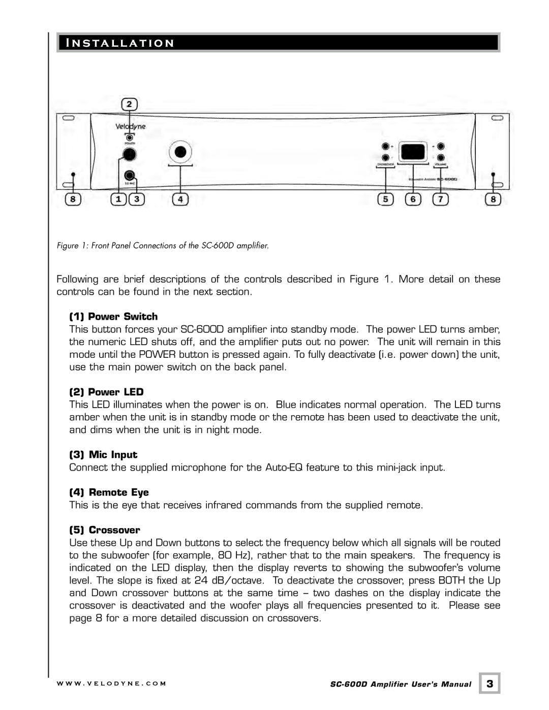 Velodyne Acoustics SC-600 IW, SC-600 IF/IC, SC-600D user manual S ta l l a t i o n, Front Panel Controls and Displays 